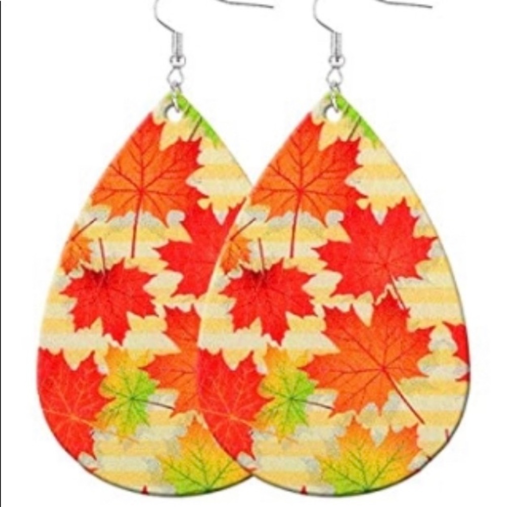 Fall/Autumn festive leaves faux leather tear drop earrings